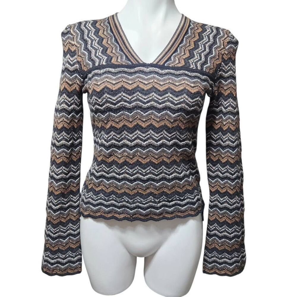 Urchin wool shirt neutral chevron zigzag knit long sleeve size tie v neck small